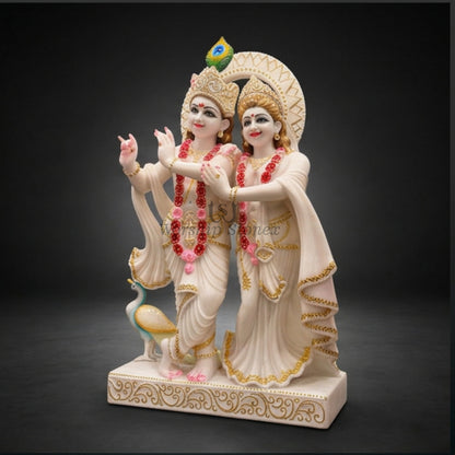 Vietnam White Marble Yugal Jodi Radha Krishna Statue Set – Standing Pair Idol with Gold Detailing and Peacock Crest