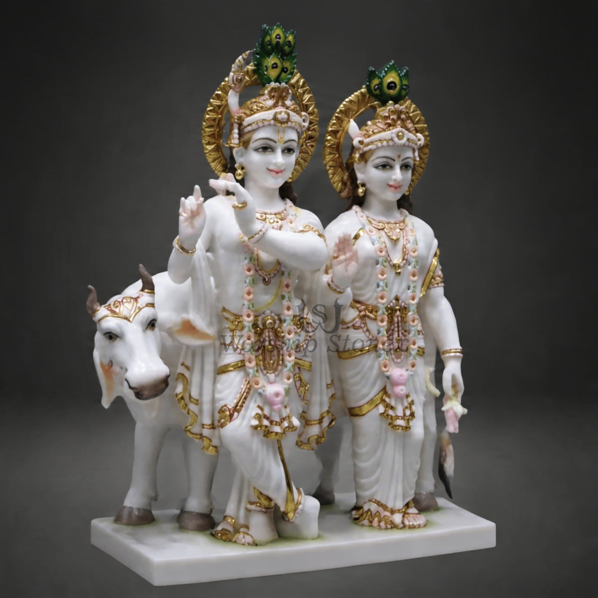 18 inch White Marble Radha Krishna Statue Set with Cow – Standing Pair Idol with Gold Work and Peacock Crests