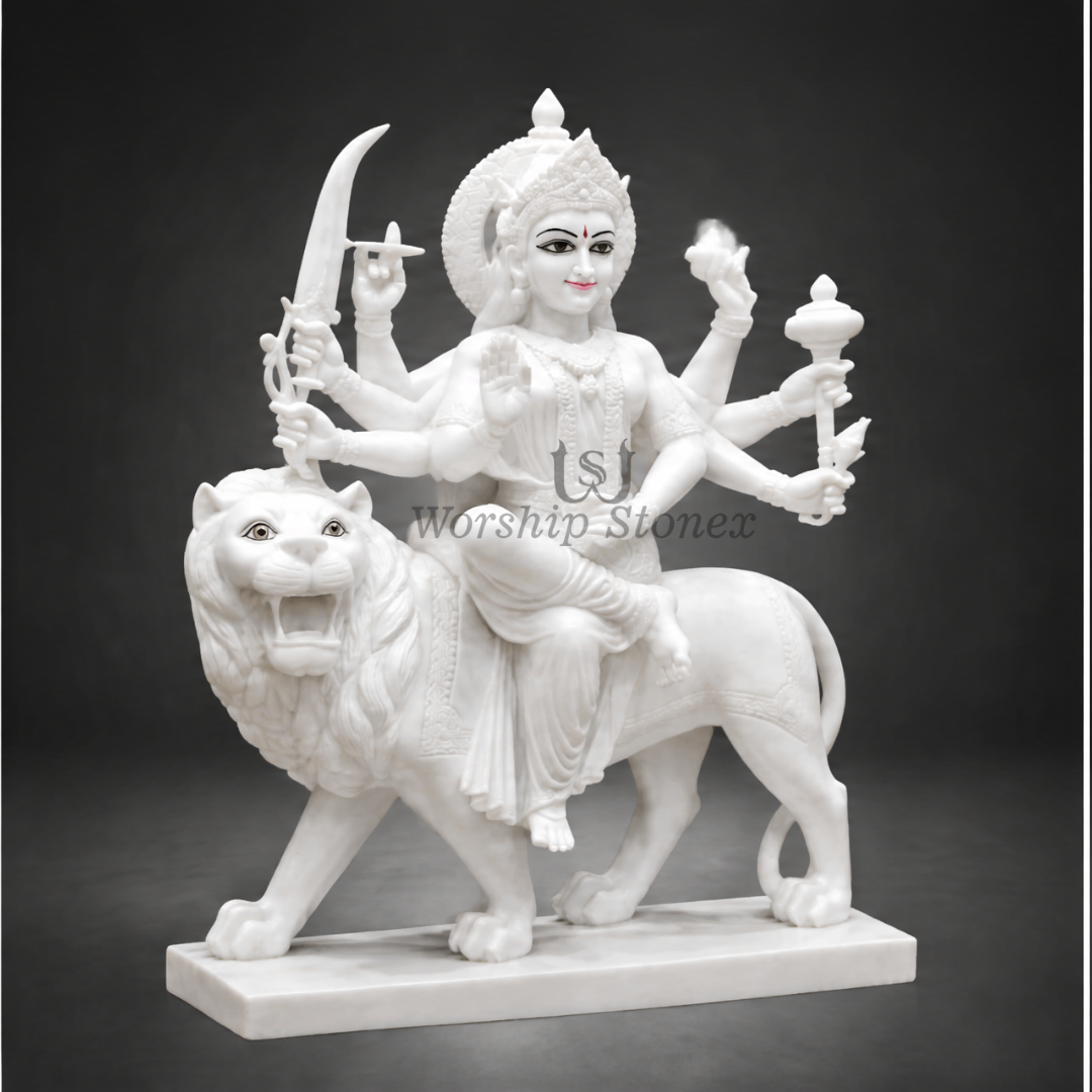 24 inch Pure Vietnam White Marble Maa Durga Idol (Plain/Minimal Finish)