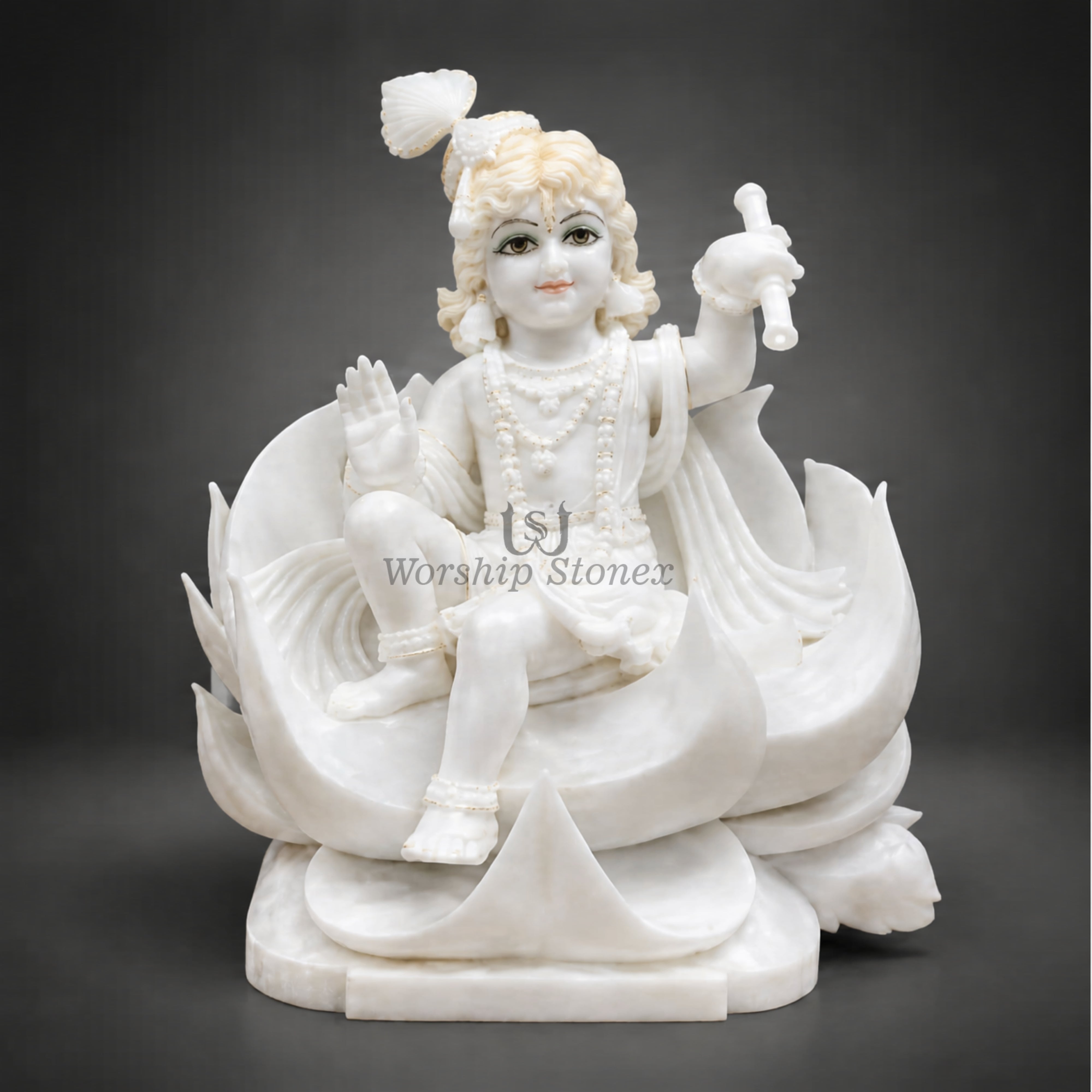 15-Inch Pure White Makrana Marble Laddu Gopal Krishna Murti Seated on Lotus