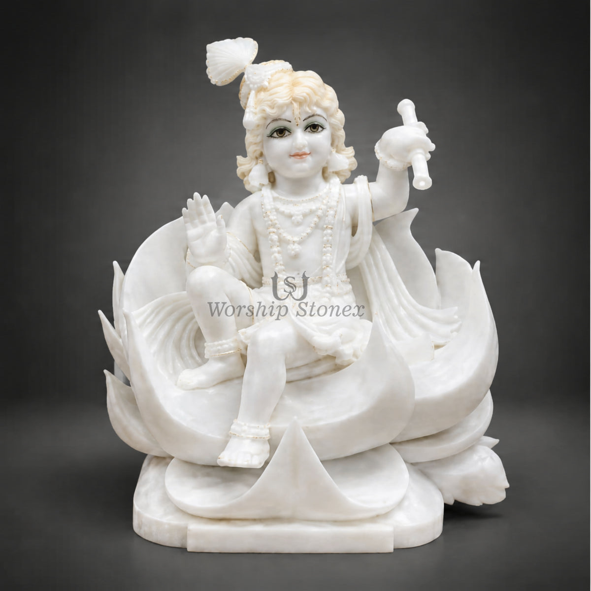 15-Inch Pure White Makrana Marble Laddu Gopal Krishna Murti Seated on Lotus