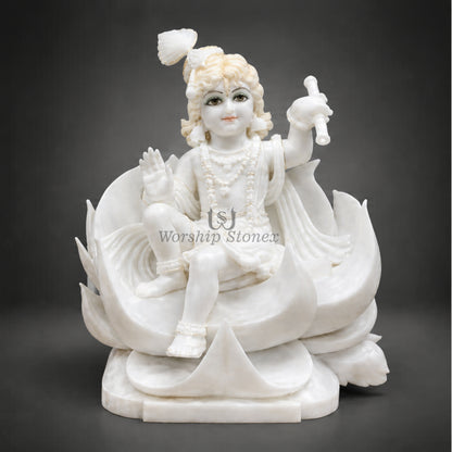 15-Inch Pure White Makrana Marble Laddu Gopal Krishna Murti Seated on Lotus
