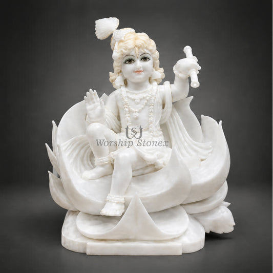 15-Inch Pure White Makrana Marble Laddu Gopal Krishna Murti Seated on Lotus