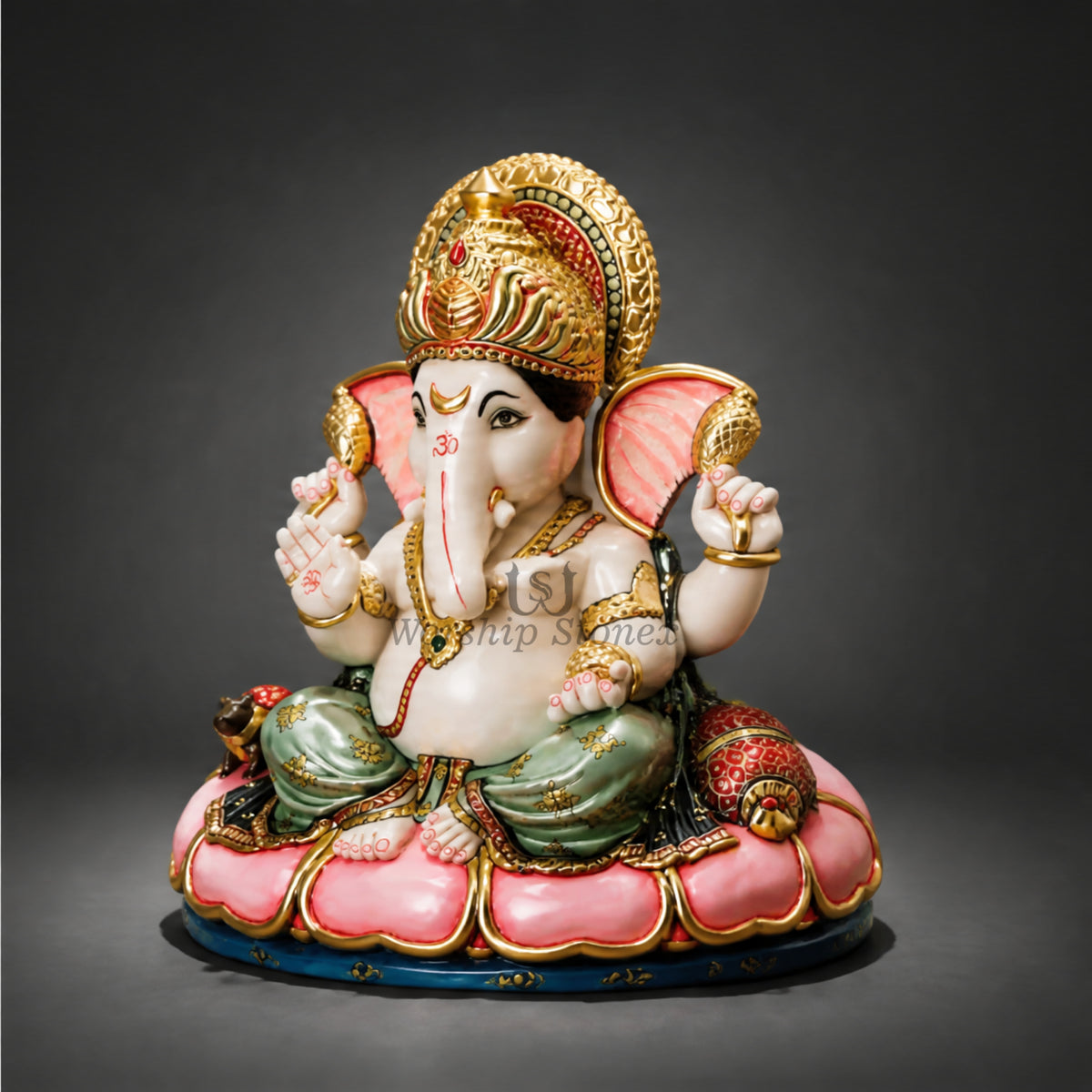 6 inch to 36 inch Makrana White Marble Lord Ganesha Statue – Seated Pink Lotus Vinayaka Idol with Royal Gold and Colored Painting