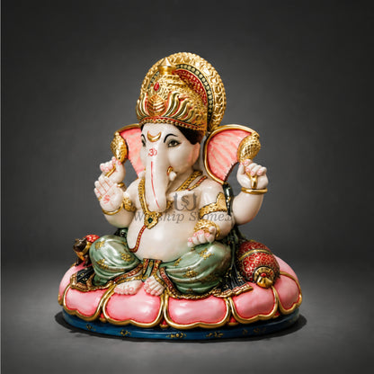 6 inch to 36 inch Makrana White Marble Lord Ganesha Statue – Seated Pink Lotus Vinayaka Idol with Royal Gold and Colored Painting