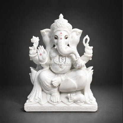 Pure White Marble Ganesha Murti – Elegant Seated Ganesh Idol