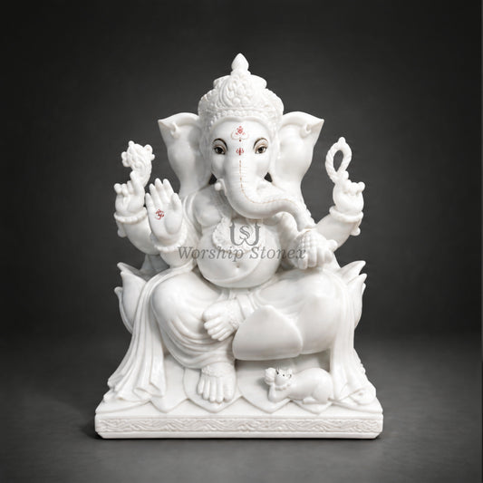 Pure White Marble Ganesha Murti – Elegant Seated Ganesh Idol