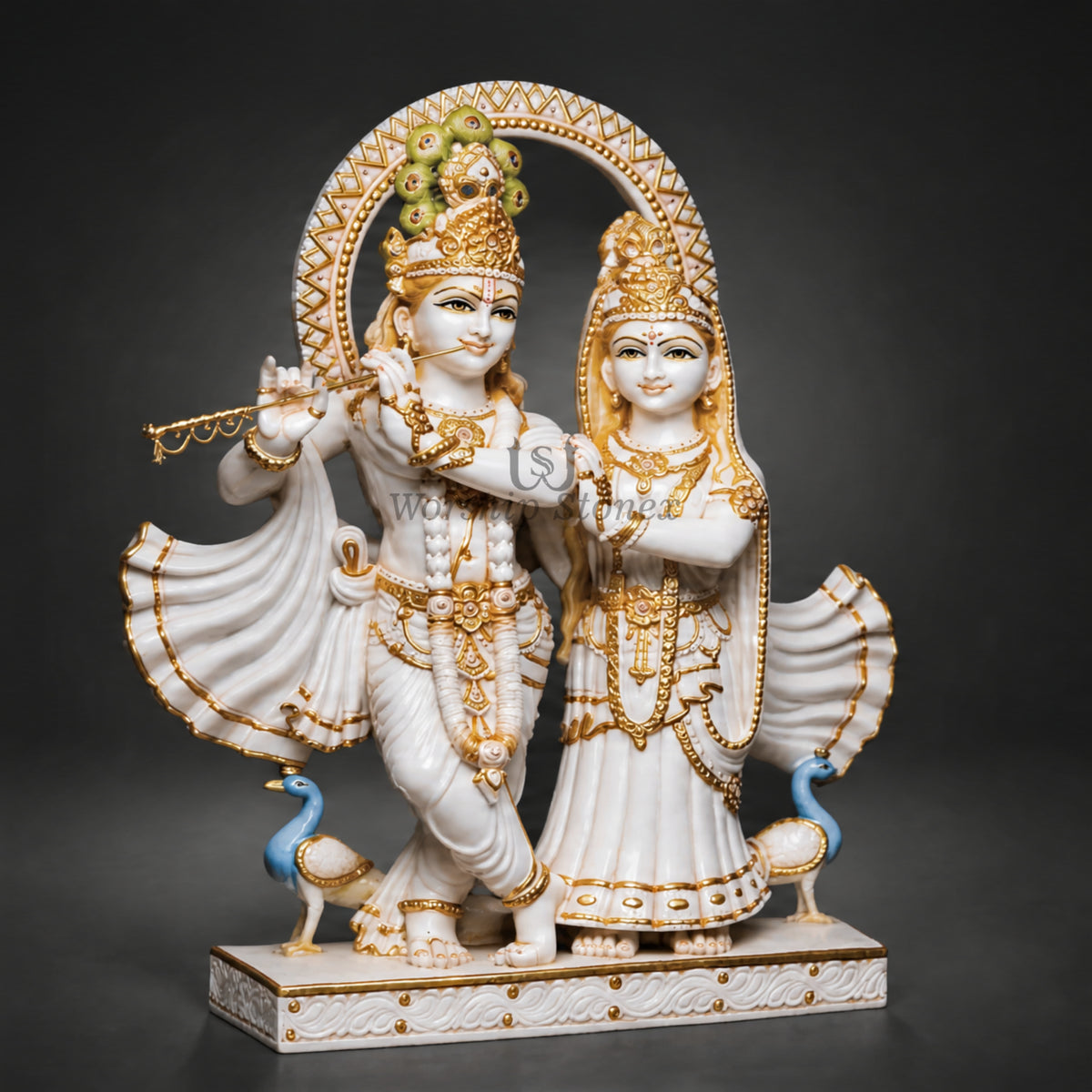 12 inch to 36 inch Vietnam White Marble Radha Krishna Yugal Jodi Statue Set – Standing Pair Idol with Fine Gold Work and Dual Peacocks