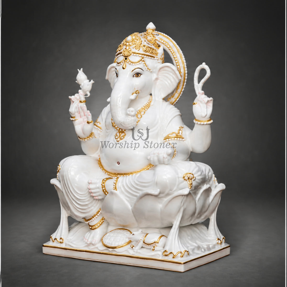 18-Inch Makrana White Marble Seated Ganesha Statue with Gold Painting Work