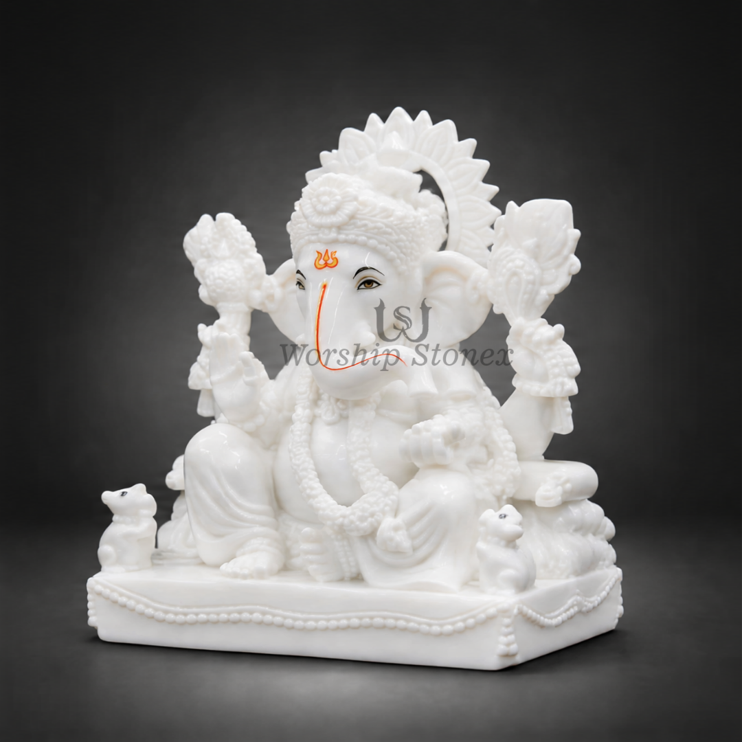 Small size Left Trunk Vamavarti Makrana Marble Ganesh Statue for Home Worship & Prosperity