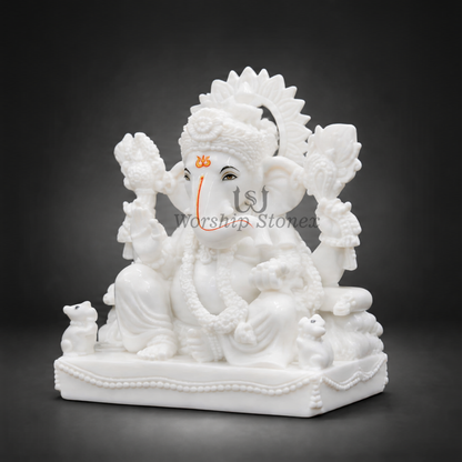 Small size Left Trunk Vamavarti Makrana Marble Ganesh Statue for Home Worship & Prosperity