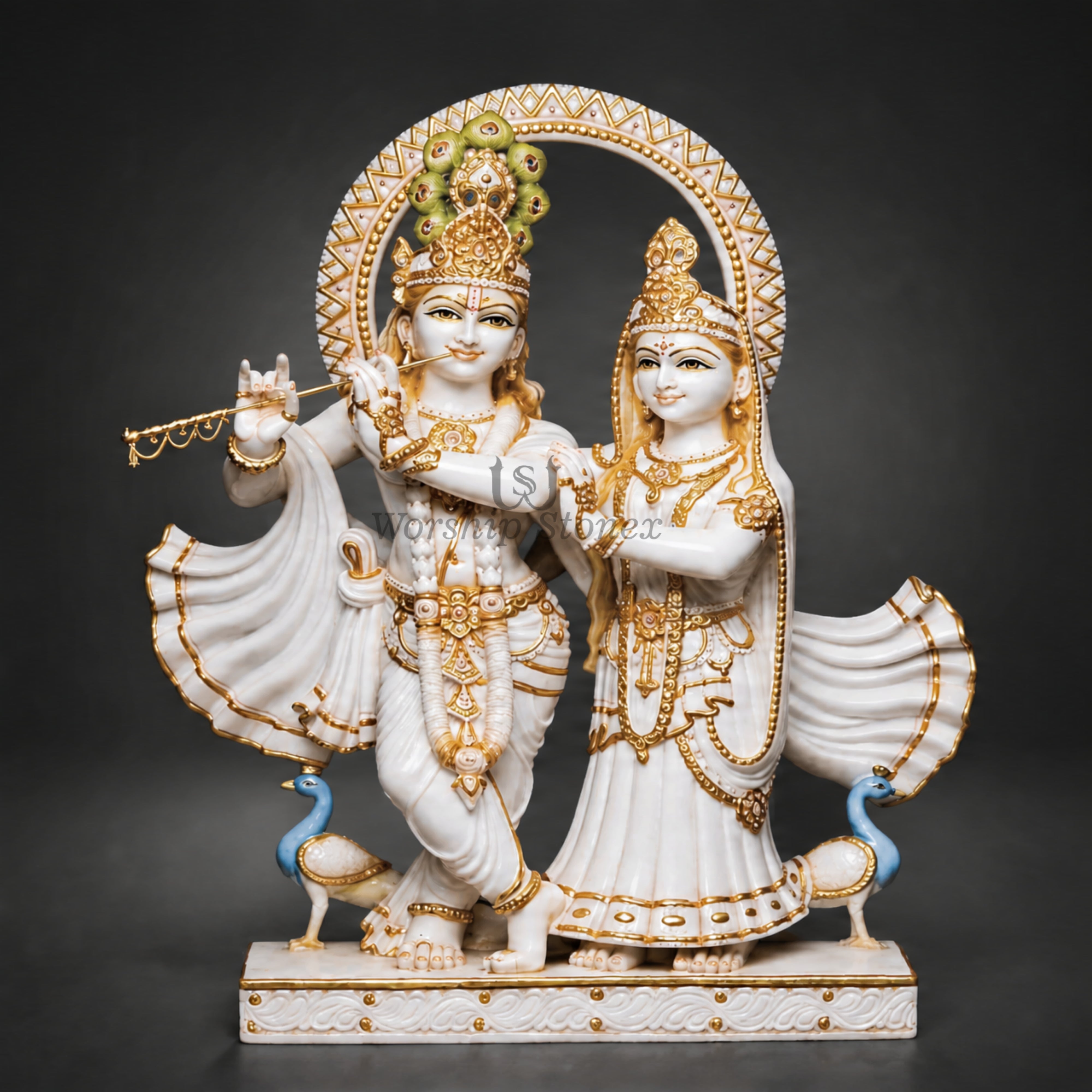 12 inch to 36 inch Vietnam White Marble Radha Krishna Yugal Jodi Statue Set – Standing Pair Idol with Fine Gold Work and Dual Peacocks