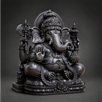 15 inch Premium Black Stone Lord Ganesha Statue with Lotus Base