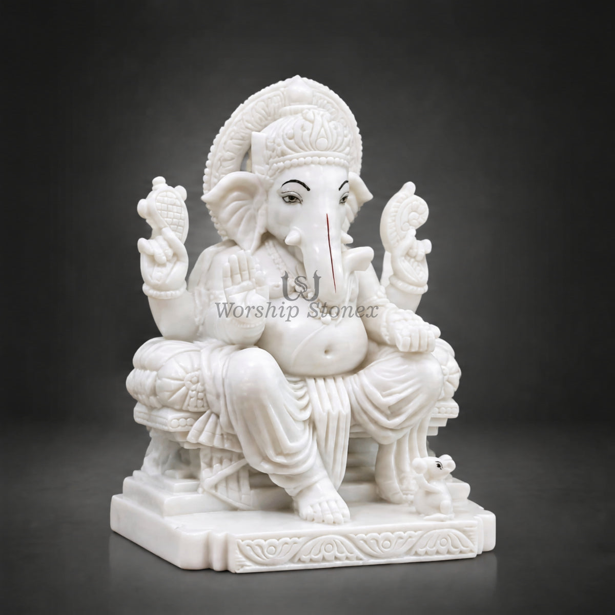 6 inch to 24 inch Handcrafted Pure White Makrana Marble Ganesha Statue Seated on Royal Chowki