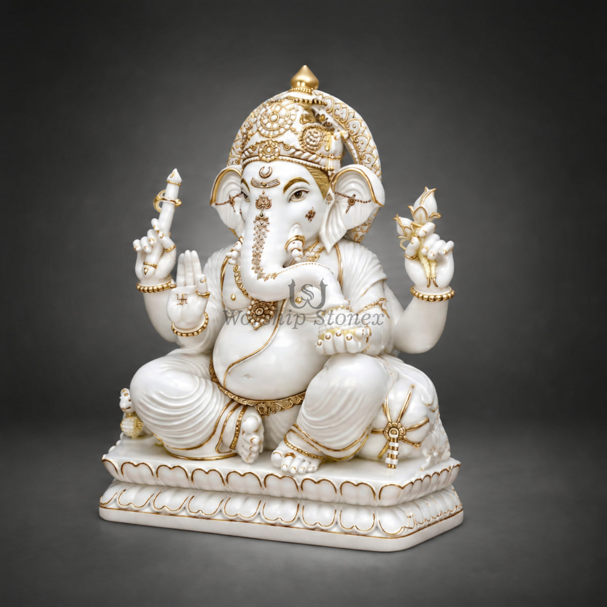 6' to 18' White Marble Lord Ganesha Murti with Golden Detailing