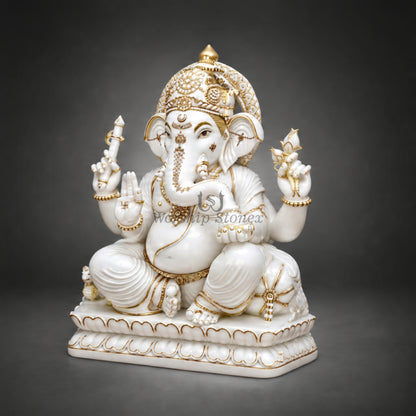 6' to 18' White Marble Lord Ganesha Murti with Golden Detailing