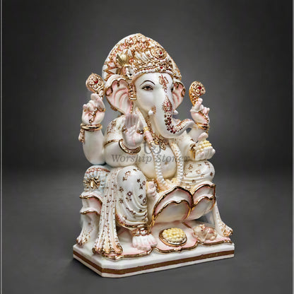 6 inch to 24 inch Handcrafted White Makrana Marble Ganesha Statue with Gold Hand-Painted Detail