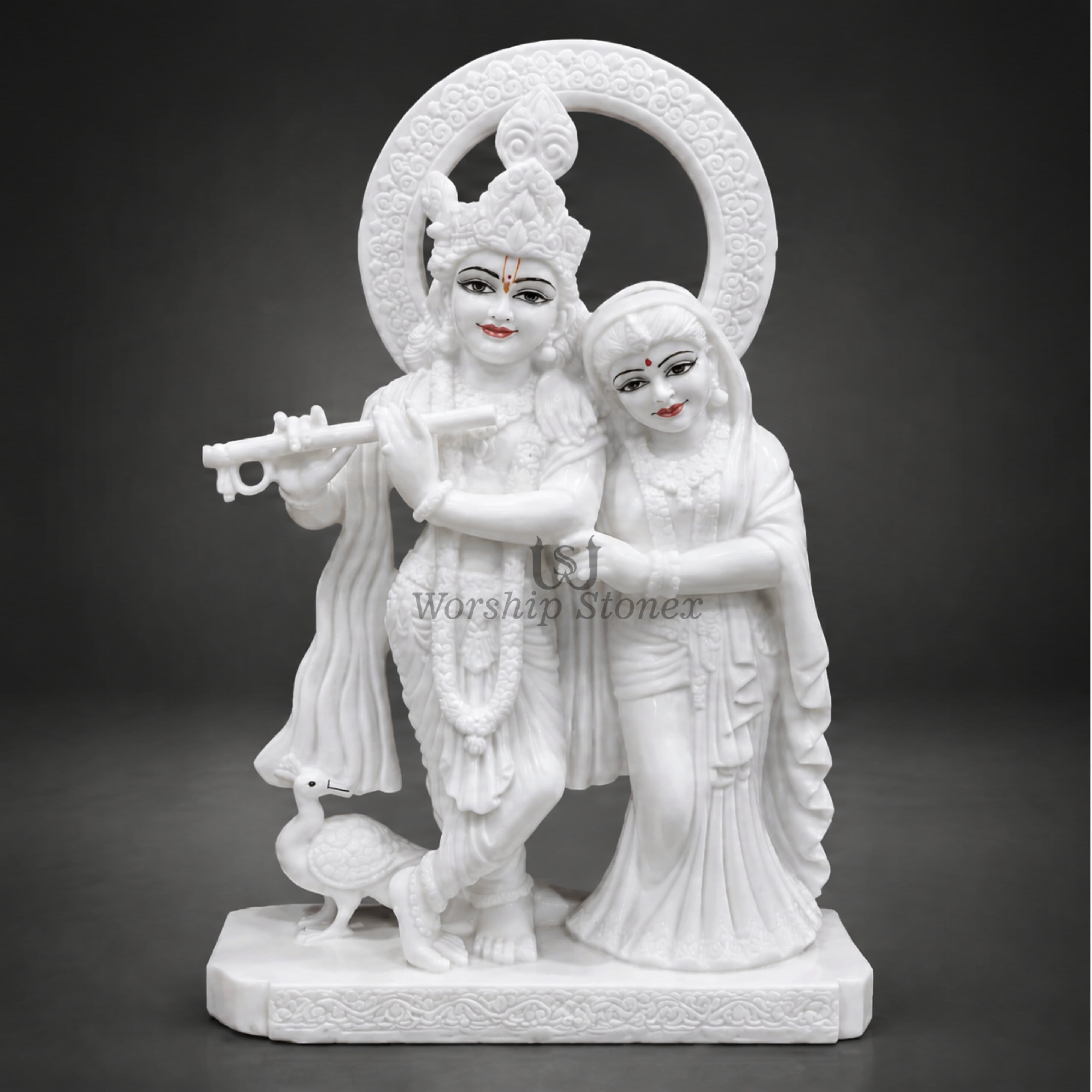20 inch Makrana Marble Radha Krishna Murti with Peacock and Intricate Carving