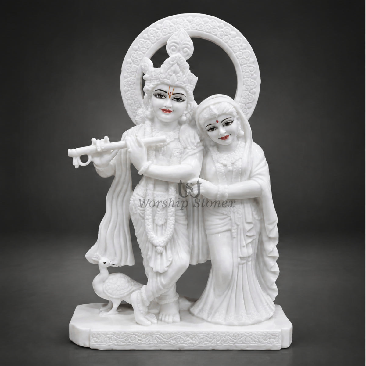 20 inch Makrana Marble Radha Krishna Murti with Peacock and Intricate Carving