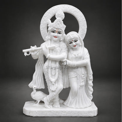 20 inch Makrana Marble Radha Krishna Murti with Peacock and Intricate Carving