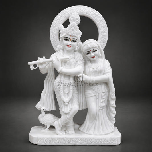 20 inch Makrana Marble Radha Krishna Murti with Peacock and Intricate Carving