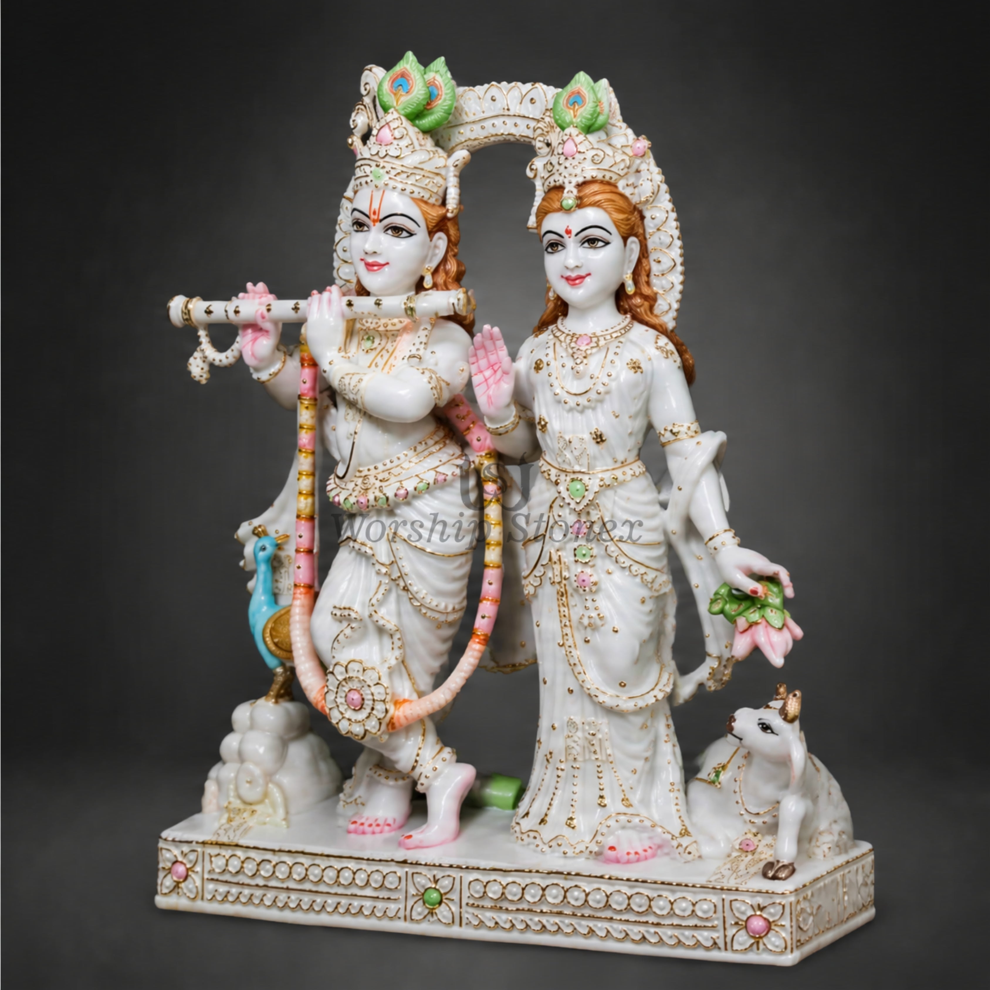 12 inch to 36 inch Pure White Vietnam Marble Radha Krishna Statue – Standing Divine Yugal Jodi Idol with Cow and Peacock