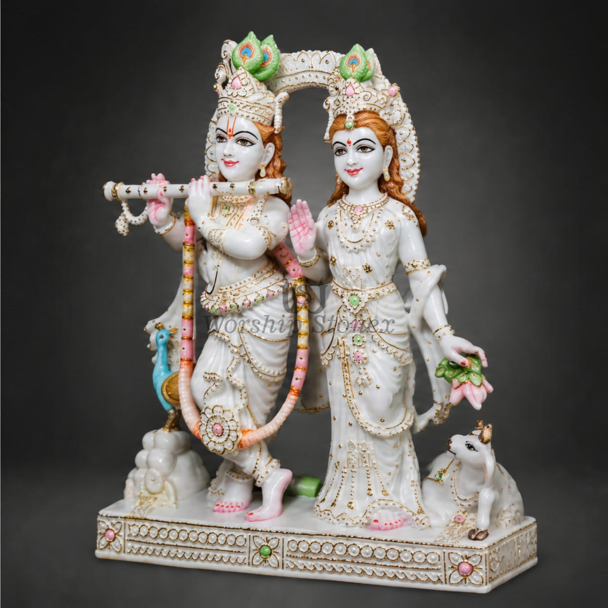 12 inch to 36 inch Pure White Vietnam Marble Radha Krishna Statue – Standing Divine Yugal Jodi Idol with Cow and Peacock