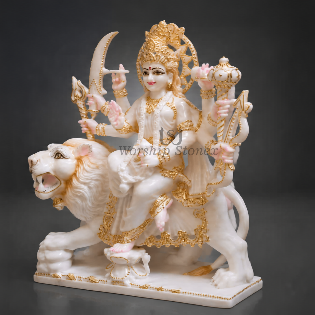 24 inch Maa Durga (Sherawali) Vietnam White Marble Murti (Gold Embossed Finish)