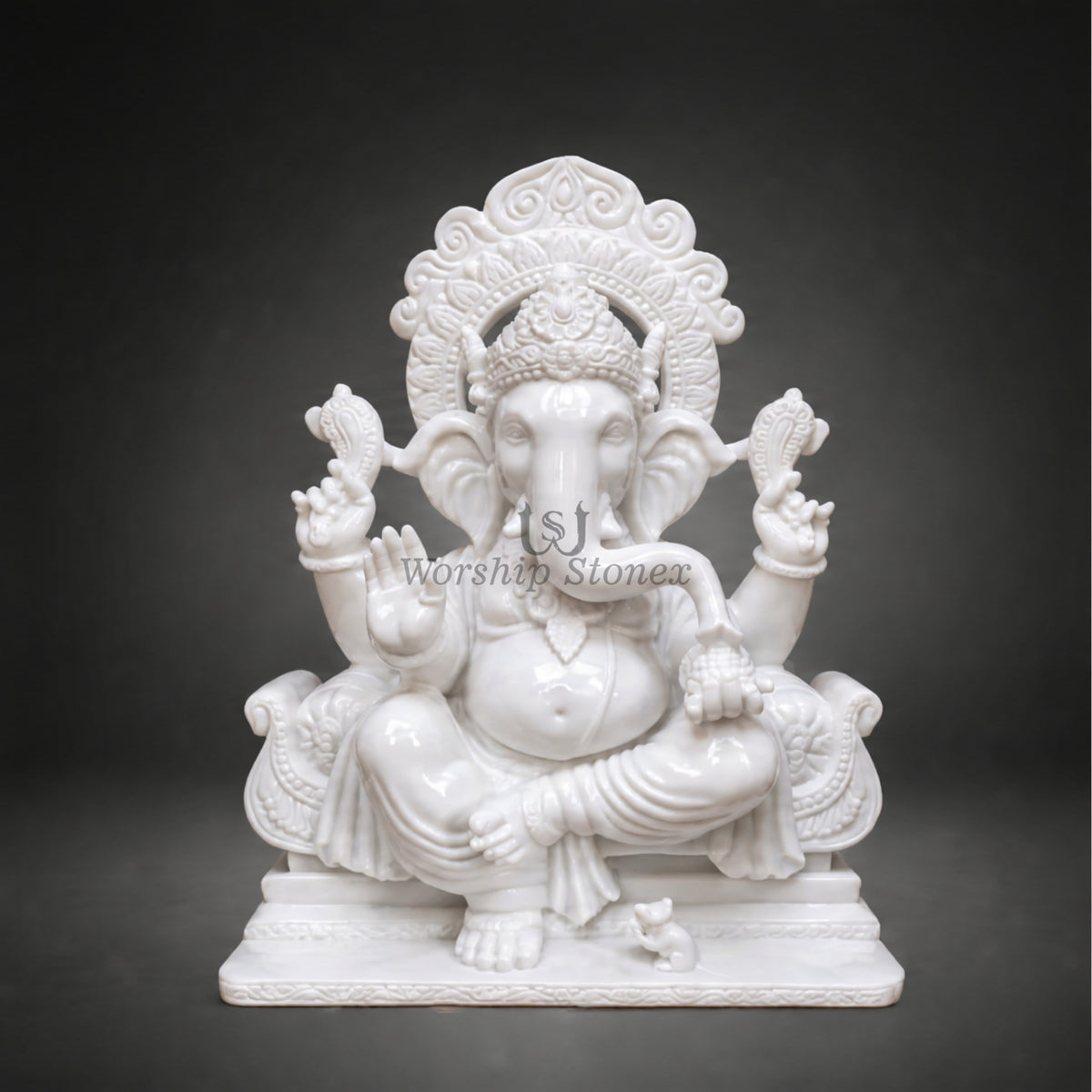 Handcrafted Pure White Makrana Marble Seated Ganesha Statue