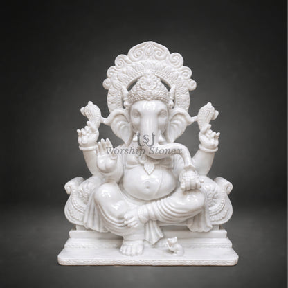Handcrafted Pure White Makrana Marble Seated Ganesha Statue