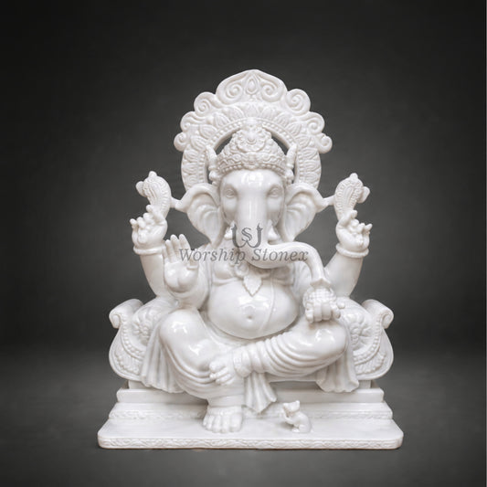 Handcrafted Pure White Makrana Marble Seated Ganesha Statue