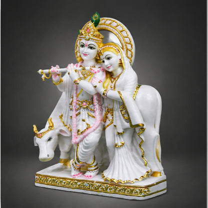 24 inch Makrana Marble Radha Krishna Murti with Cow and Intricate Gold Detailing