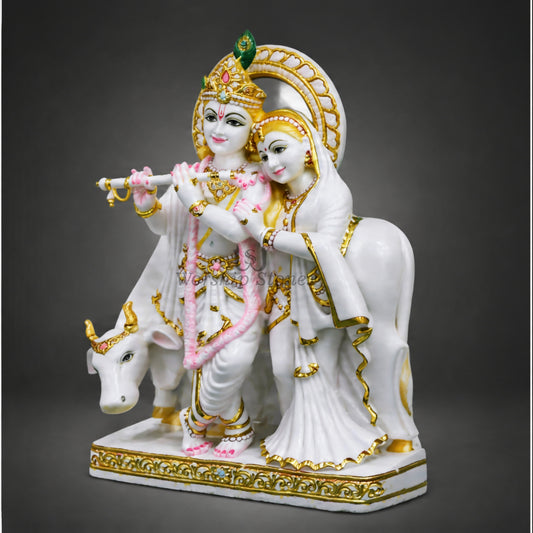 24 inch Makrana Marble Radha Krishna Murti with Cow and Intricate Gold Detailing