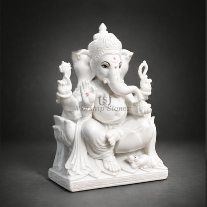 Pure White Marble Ganesha Murti – Elegant Seated Ganesh Idol
