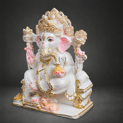 6' to 18' Premium White Marble Ganesha Murti – Gold & Pink Handcrafted Ganesh Idol