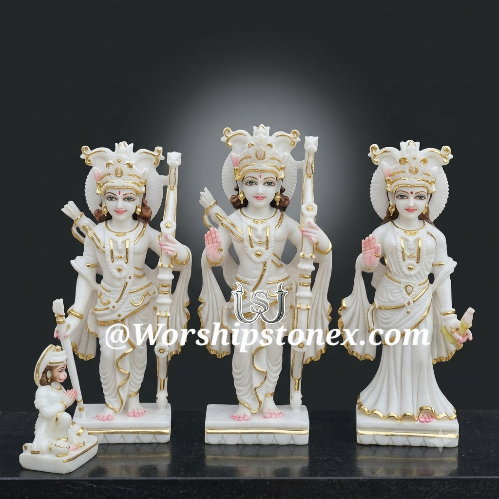 15 inch White Marble Ram Darbar Murti – Shri Ram, Sita Ji & Lakshman Ji | Handcrafted Marble Idol