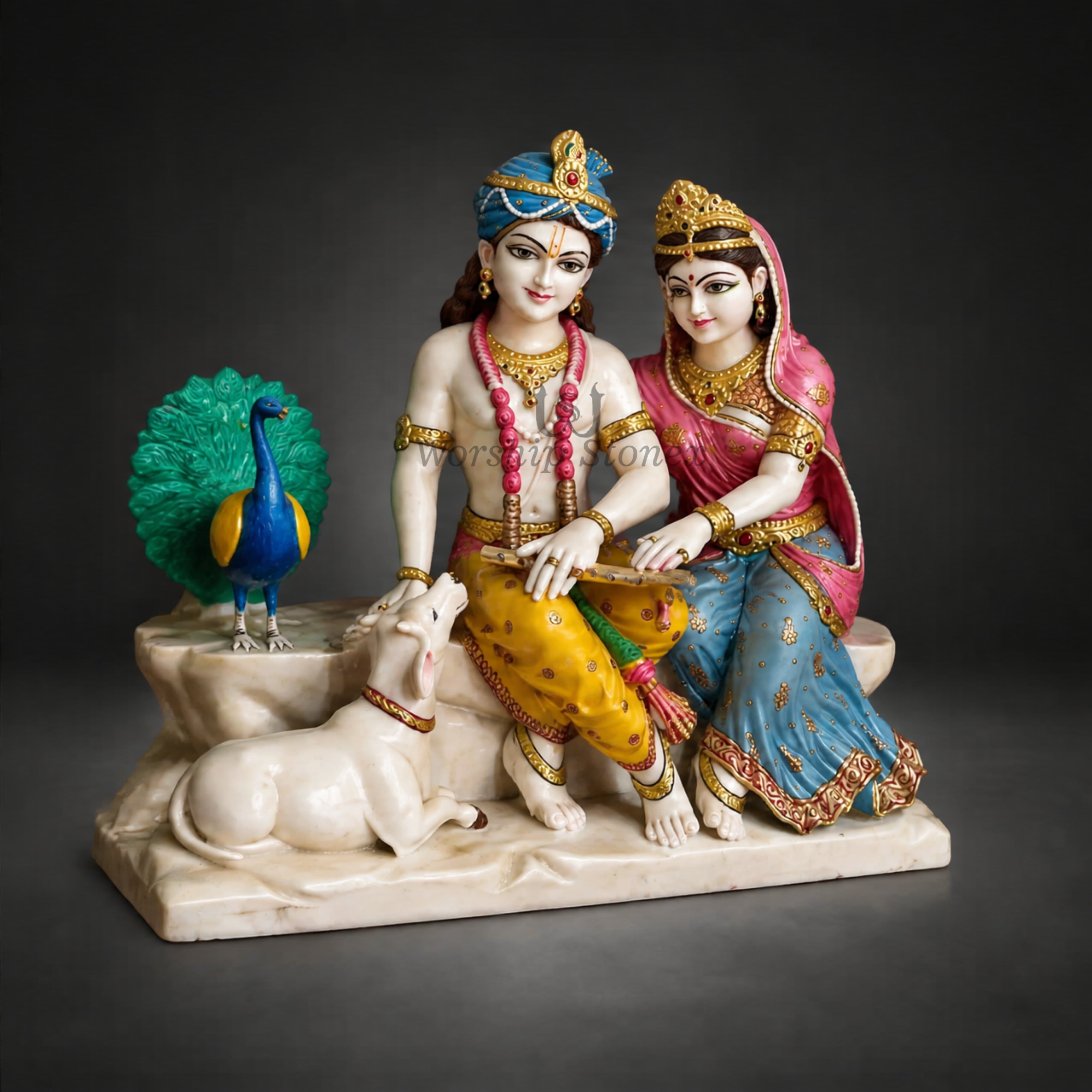 18 Inch makrana White Marble Seated Radha Krishna Statue – Divine Sitting Pair Idol with Cow and Peacock