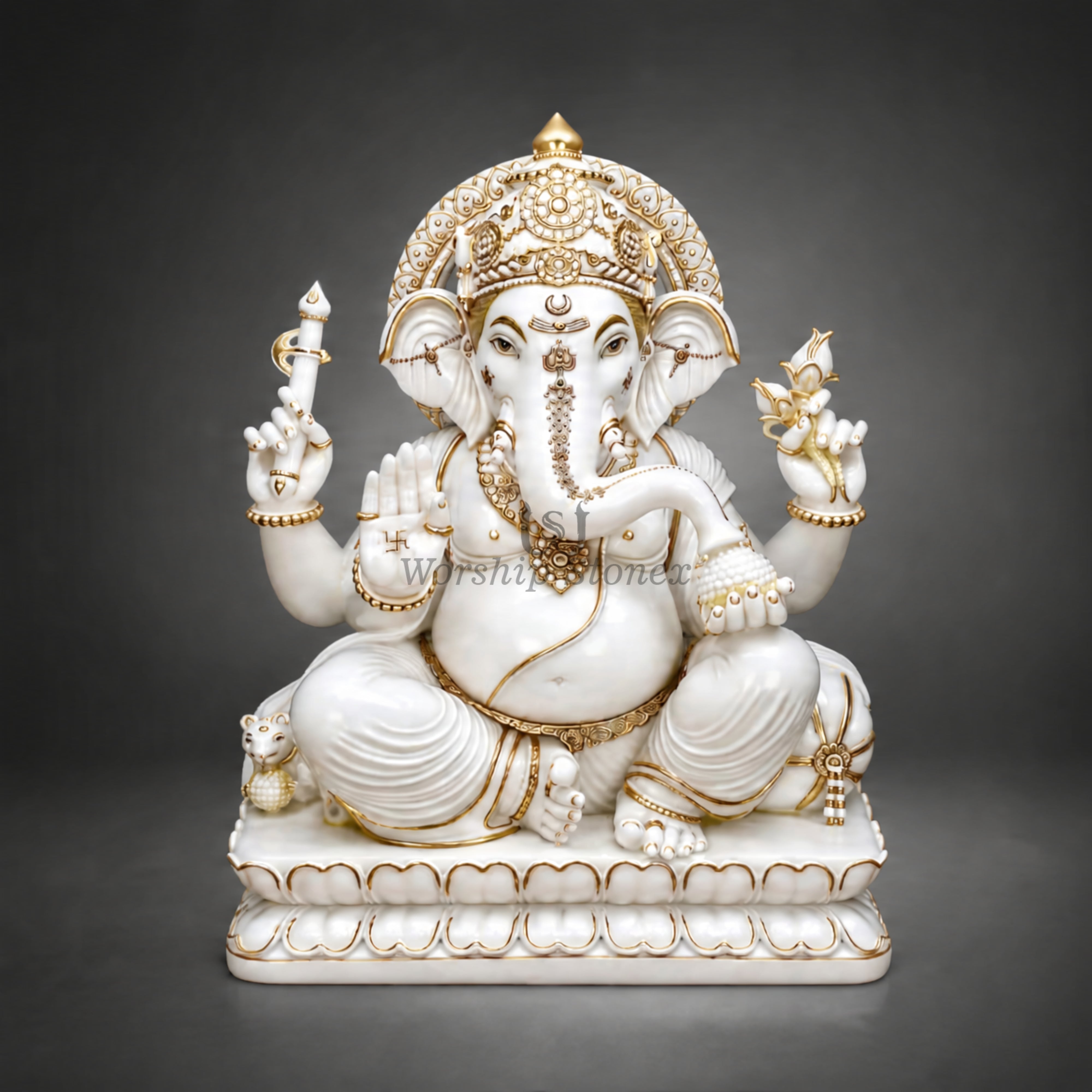6' to 18' White Marble Lord Ganesha Murti with Golden Detailing