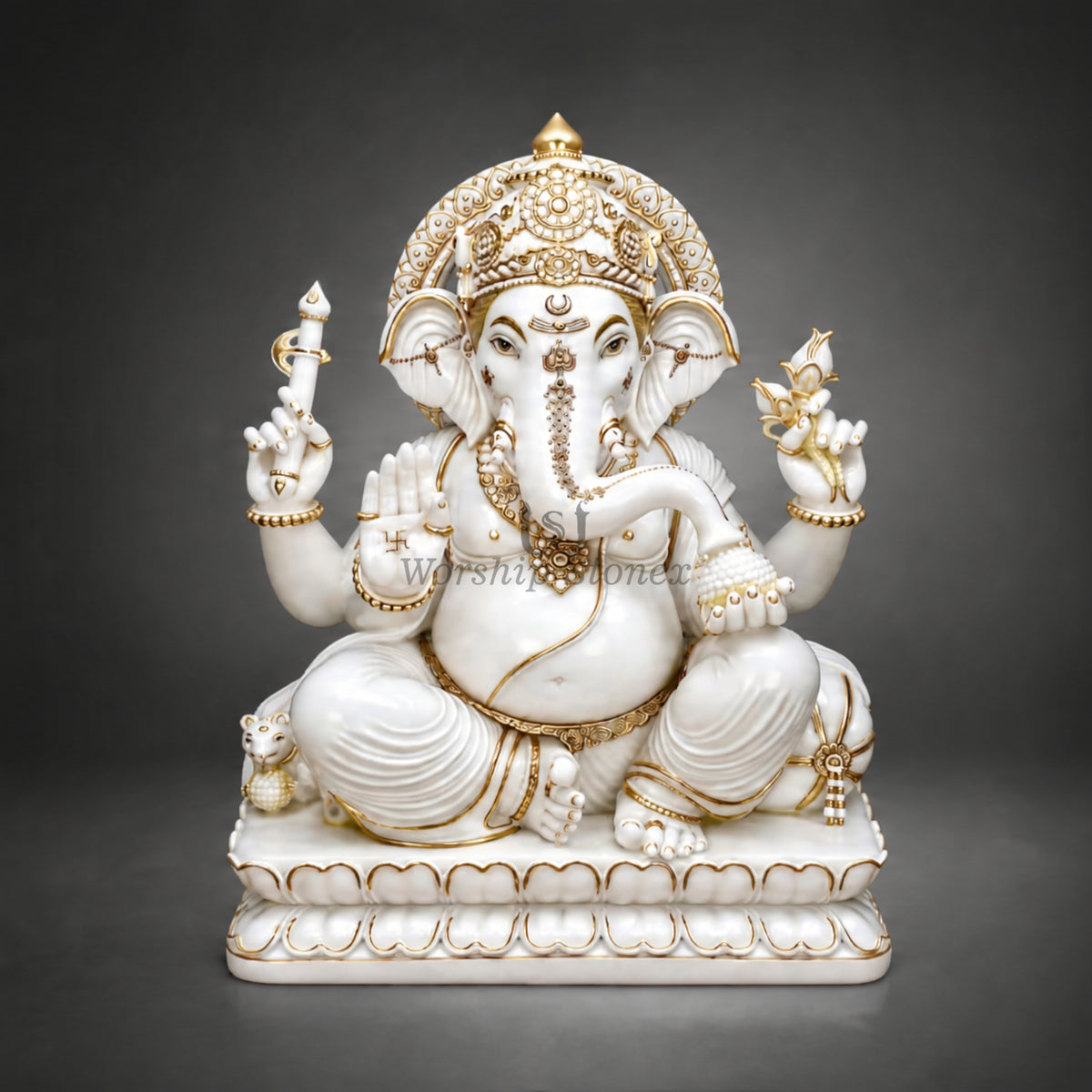 6' to 18' White Marble Lord Ganesha Murti with Golden Detailing