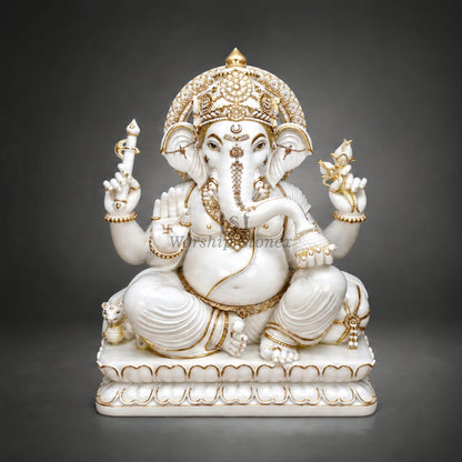 6' to 18' White Marble Lord Ganesha Murti with Golden Detailing