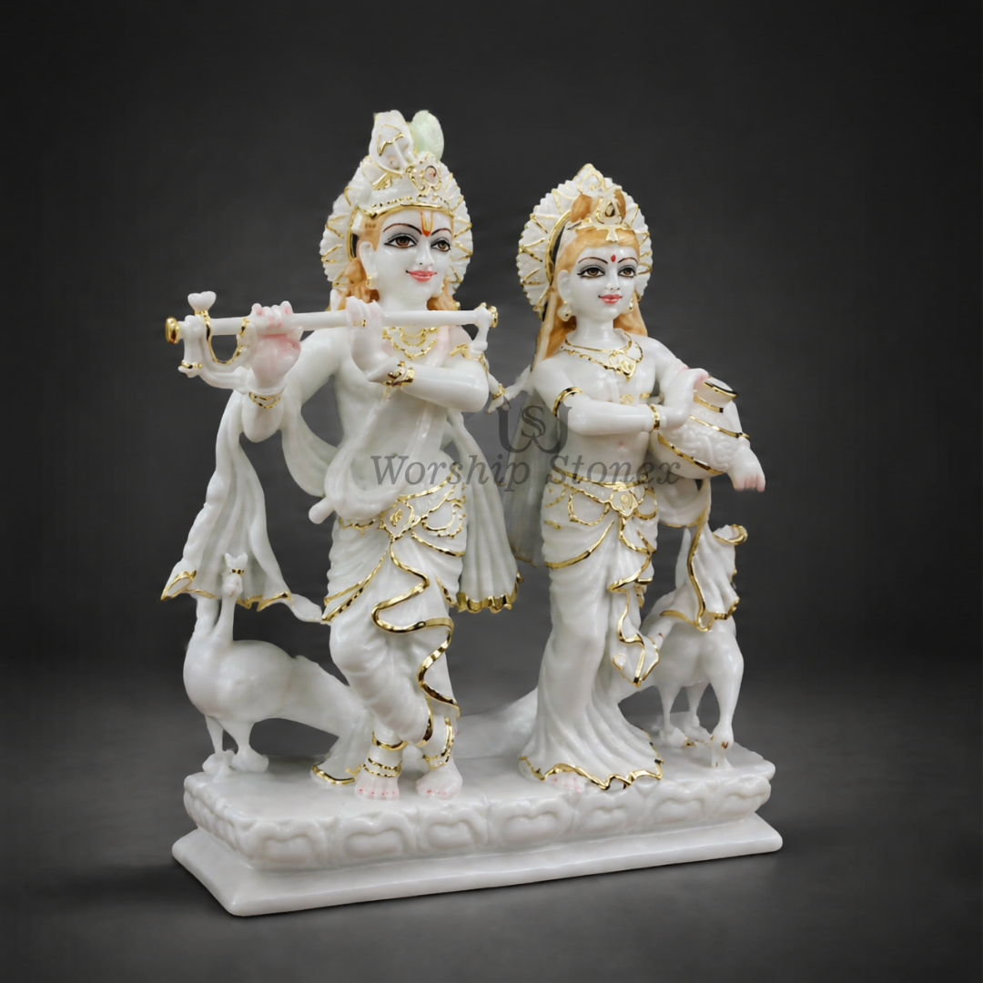 15 inch Radha Krishna Vietnam White Marble Murti Set (Gold Embossed Finish)