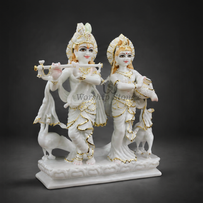 15 inch Radha Krishna Vietnam White Marble Murti Set (Gold Embossed Finish)