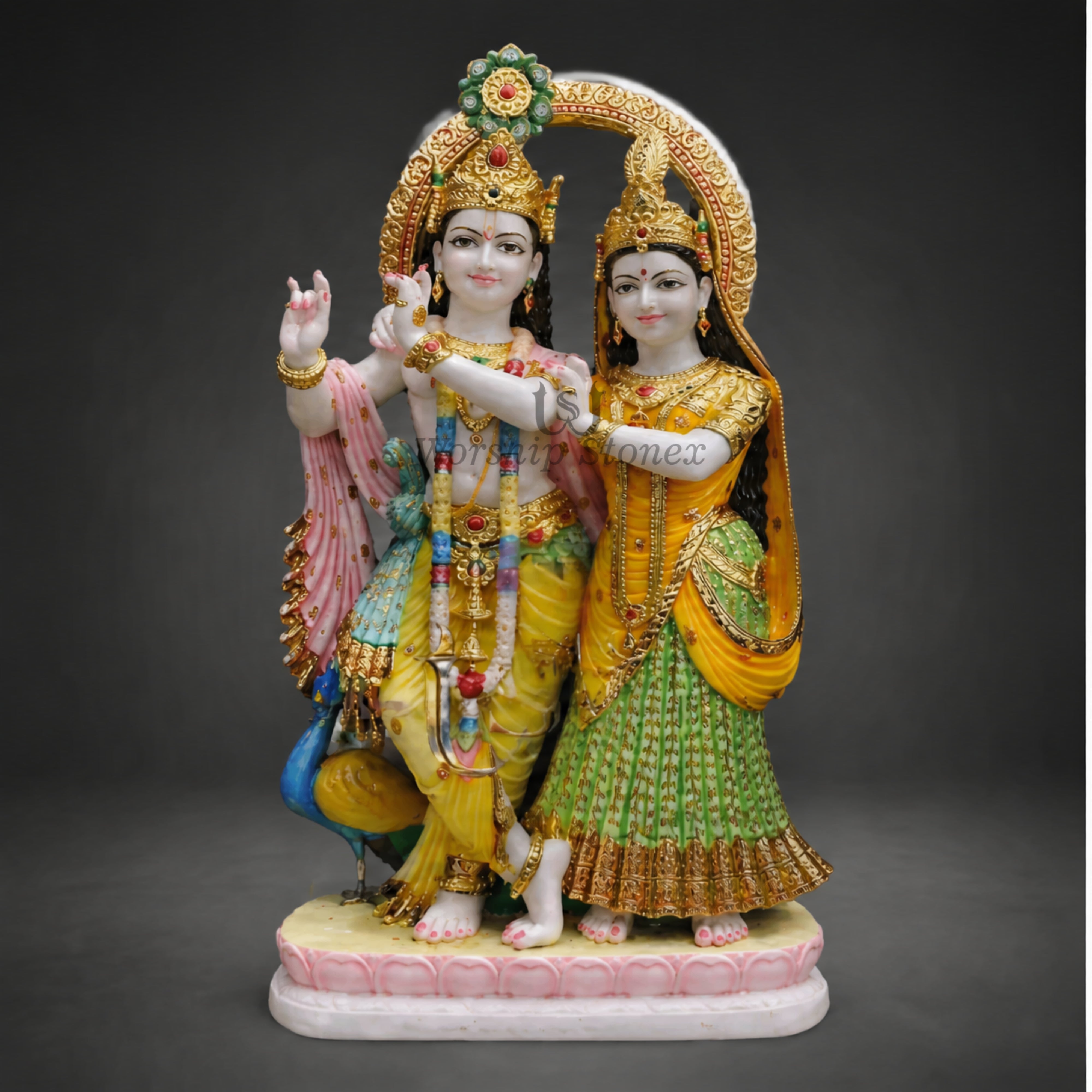 12 inch White Marble Radha Krishna with Peacock