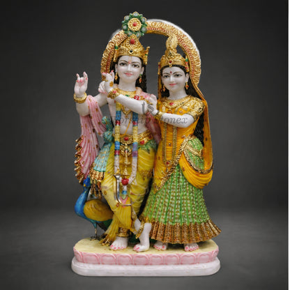 12 inch White Marble Radha Krishna with Peacock