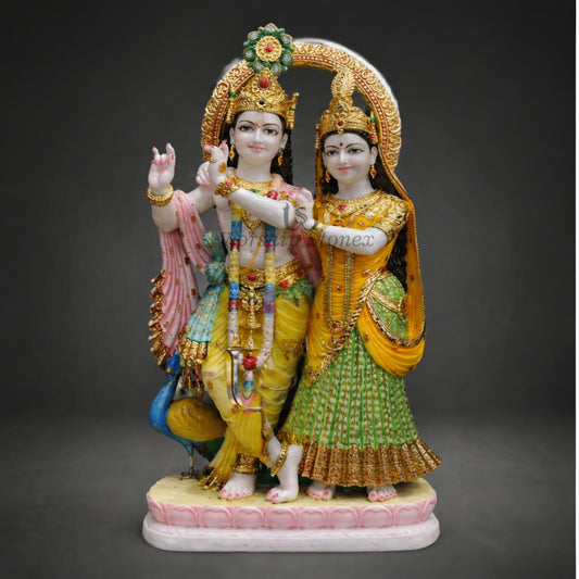 12 inch White Marble Radha Krishna with Peacock