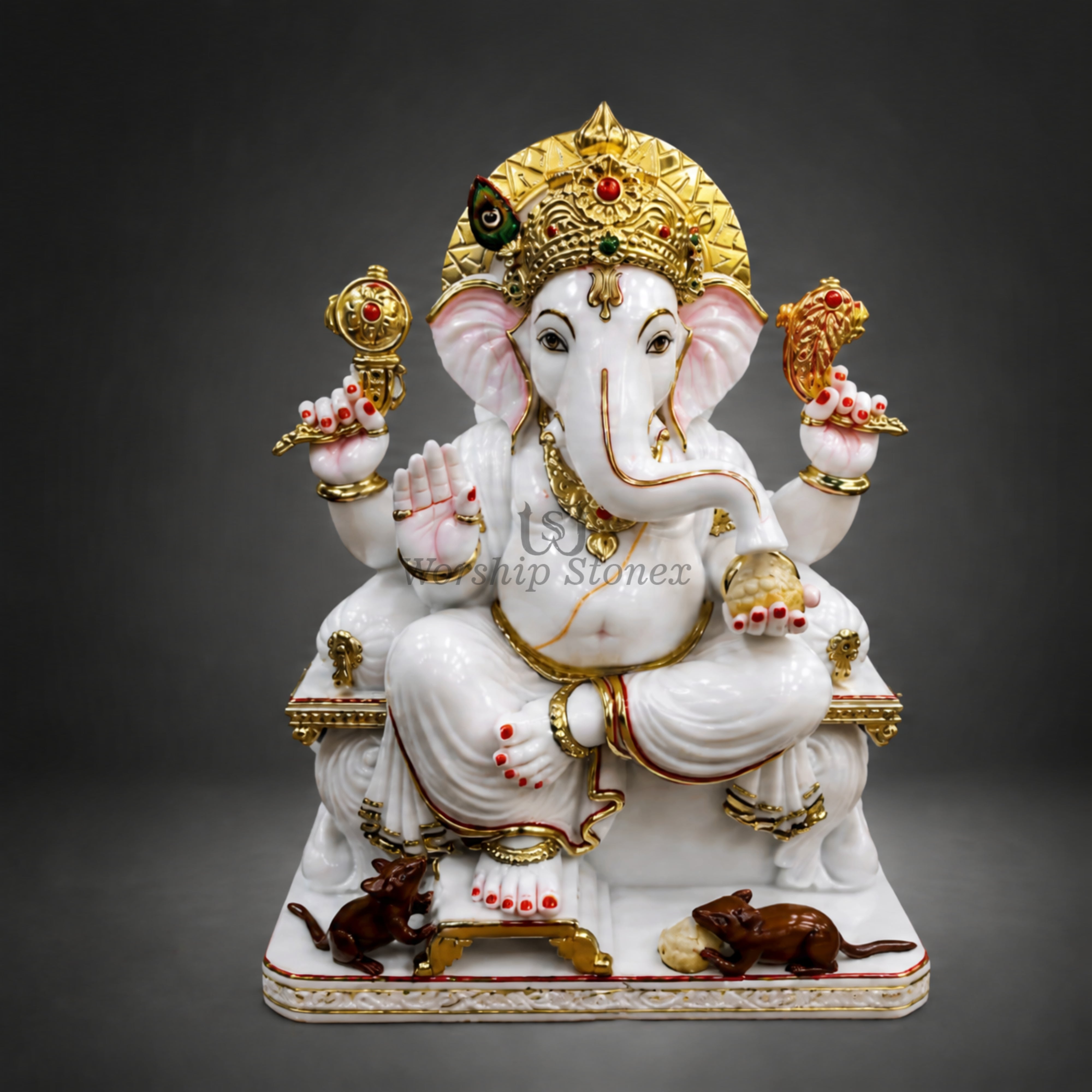 6' to 18' Royal White Marble Ganesha Murti – Gold & Red Handcrafted Ganesh Idol