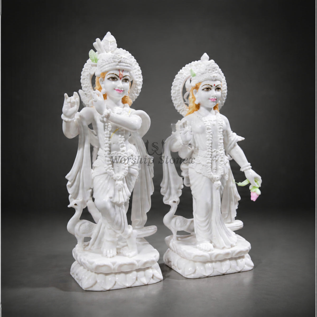 24 Inch White Makrana Marble Radha Krishna Statue Pair with Light Painting Work