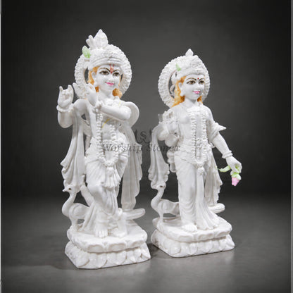24 Inch White Makrana Marble Radha Krishna Statue Pair with Light Painting Work