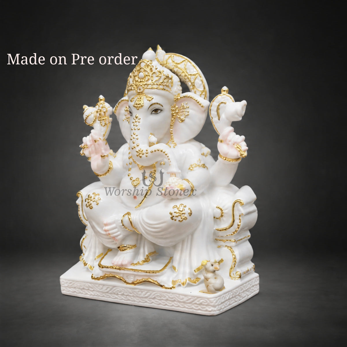 Makrana Marble White and Gold Ganesh Ji Murti - 15 inch