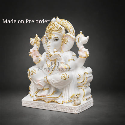 Makrana Marble White and Gold Ganesh Ji Murti - 15 inch